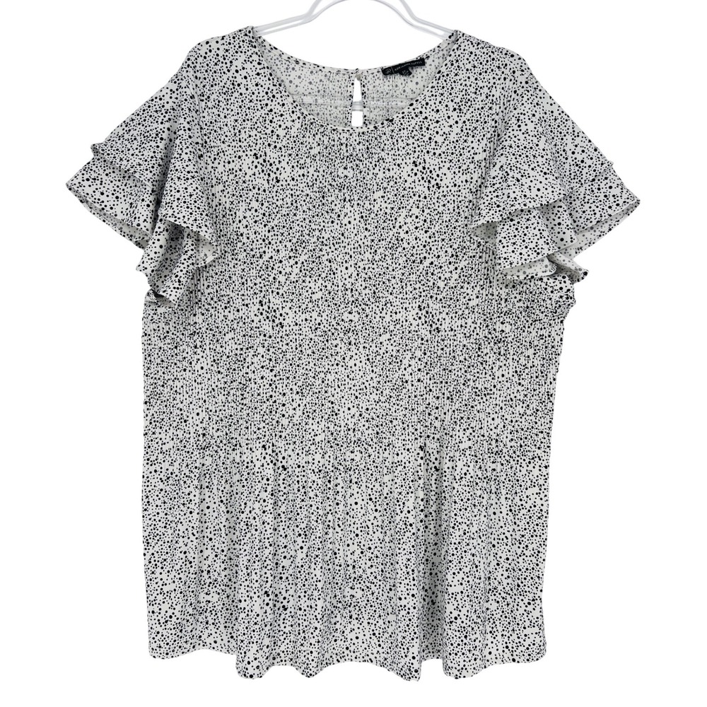 Adrianna Papell Blouse Womens 2X White Dalmatian Dot Smocked Flutter Sleeve Boho